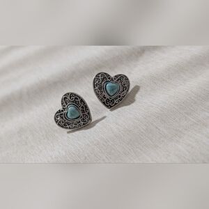 Western Faux Silver Heart Earrings with Turquoise Center